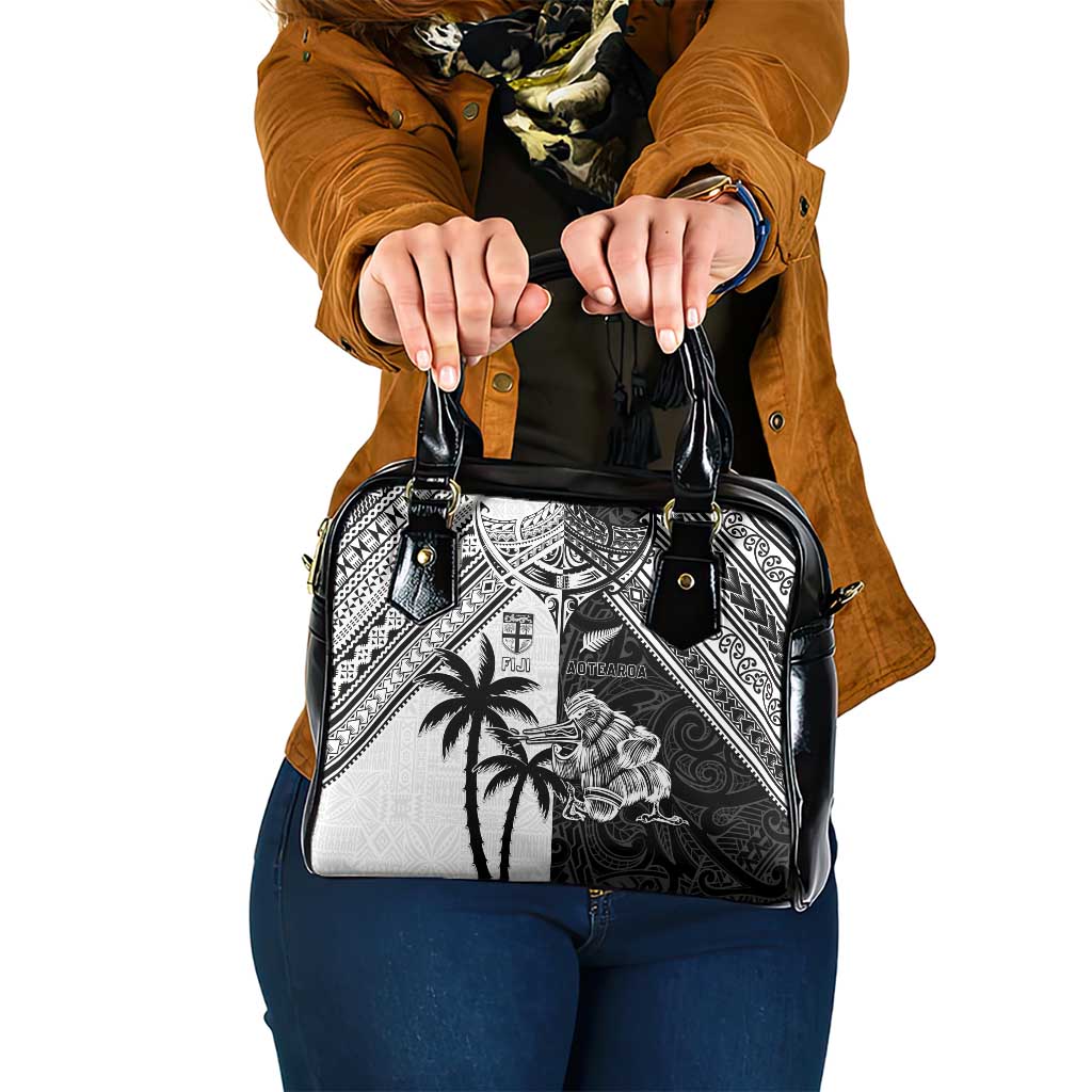 New Zealand And Fiji Rugby 2024 Shoulder Handbag Maori Kiwi With Fijian Palm Tree LT05 One Size Black - Polynesian Pride