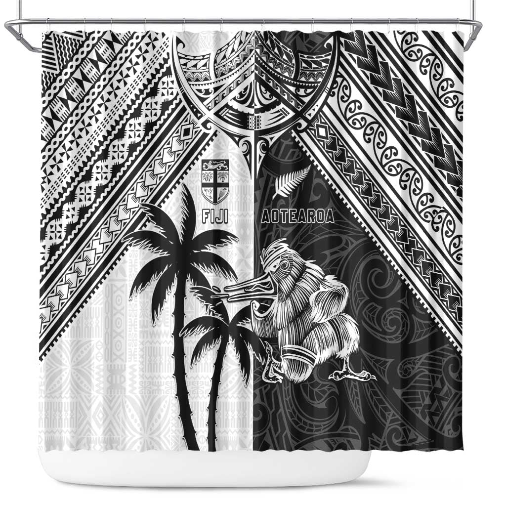 New Zealand And Fiji Rugby 2024 Shower Curtain Maori Kiwi With Fijian Palm Tree LT05 Black - Polynesian Pride