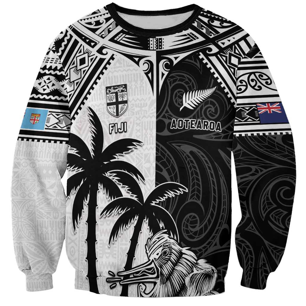 Custom New Zealand And Fiji Rugby 2024 Sweatshirt Maori Kiwi With Fijian Palm Tree LT05 Unisex Black - Polynesian Pride
