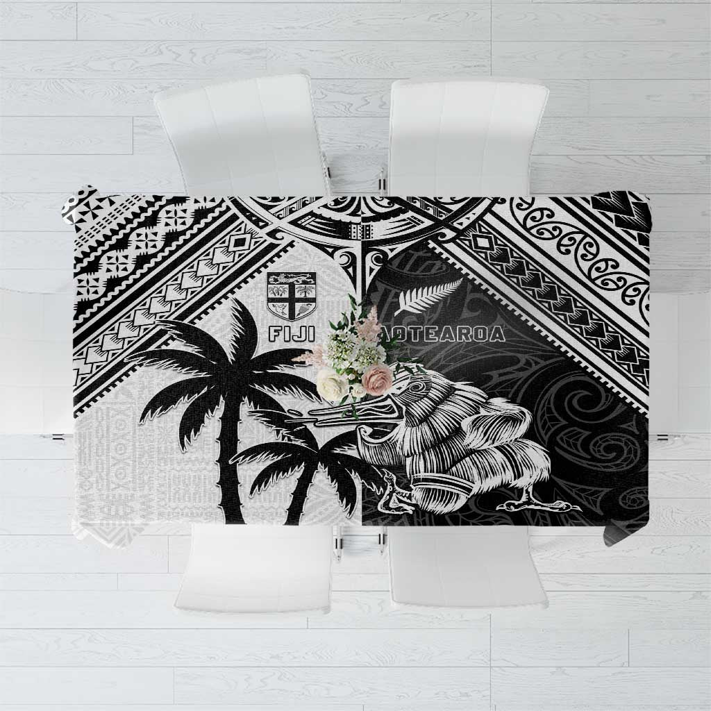 New Zealand And Fiji Rugby 2024 Tablecloth Maori Kiwi With Fijian Palm Tree LT05 Black - Polynesian Pride