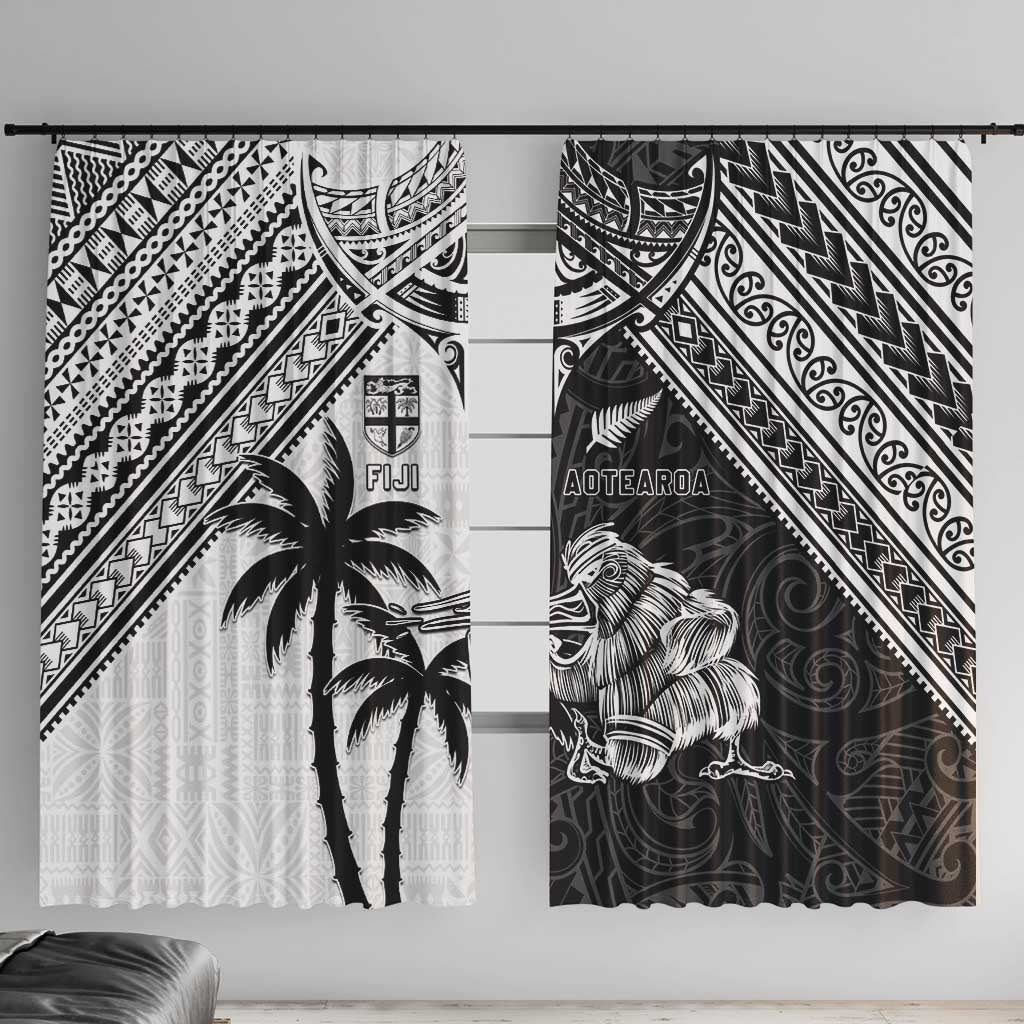 New Zealand And Fiji Rugby 2024 Window Curtain Maori Kiwi With Fijian Palm Tree LT05 With Hooks Black - Polynesian Pride