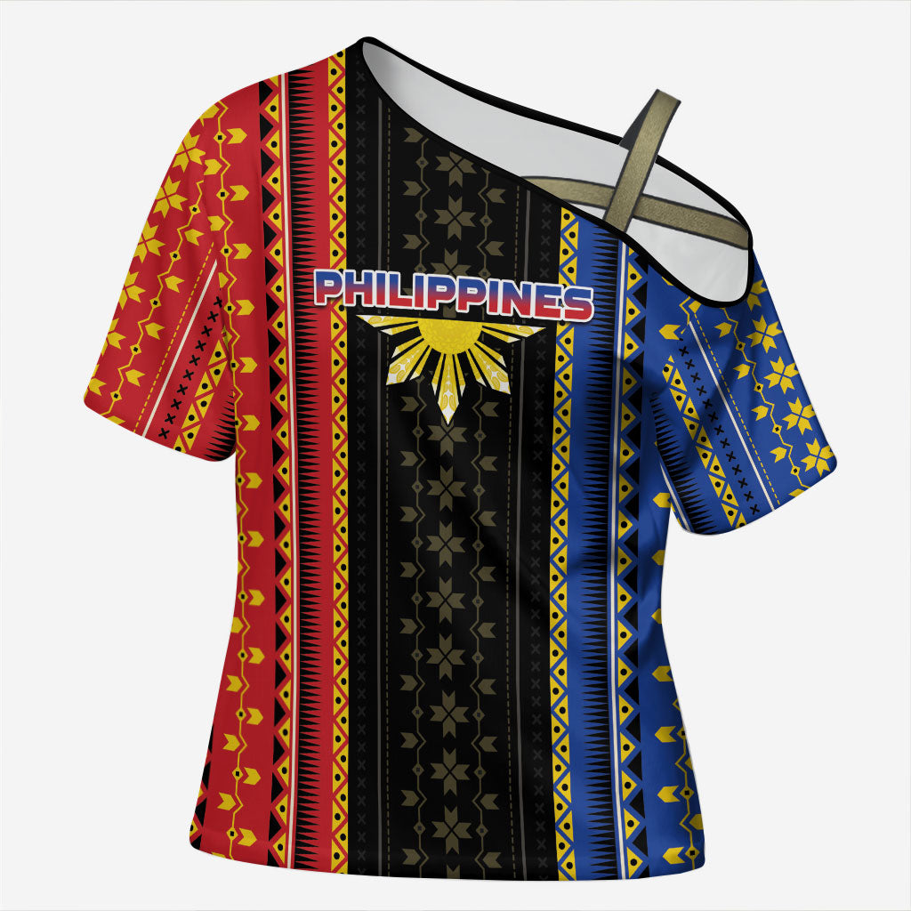 Personalised Philippines Filipinos Cross Shoulder Shirt Igorot Tribal Inspiration Pattern Style LT05 Female Black - Polynesian Pride