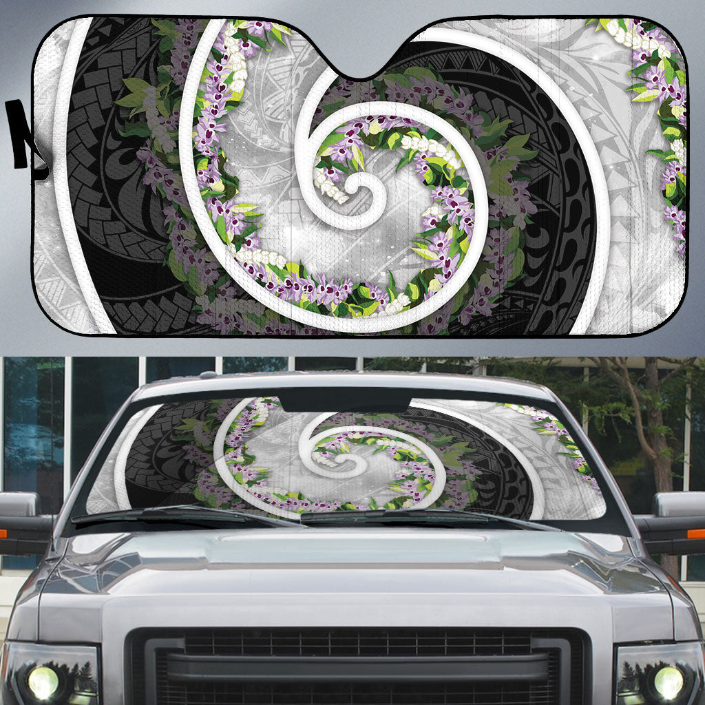 Piko Hawaii Auto Sun Shade Polynesian Pattern With Maile Pikake Honohono Lei LT05 Black - Polynesian Pride