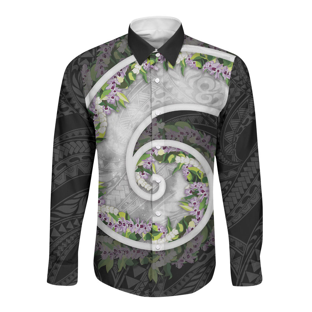 Piko Hawaii Long Sleeve Button Shirt Polynesian Pattern With Maile Pikake Honohono Lei LT05 Unisex Black - Polynesian Pride
