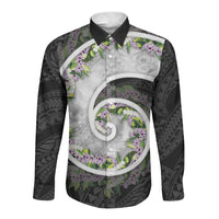 Piko Hawaii Long Sleeve Button Shirt Polynesian Pattern With Maile Pikake Honohono Lei LT05 Unisex Black - Polynesian Pride