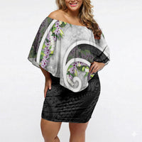 Piko Hawaii Off Shoulder Short Dress Polynesian Pattern With Maile Pikake Honohono Lei LT05 Women Black - Polynesian Pride