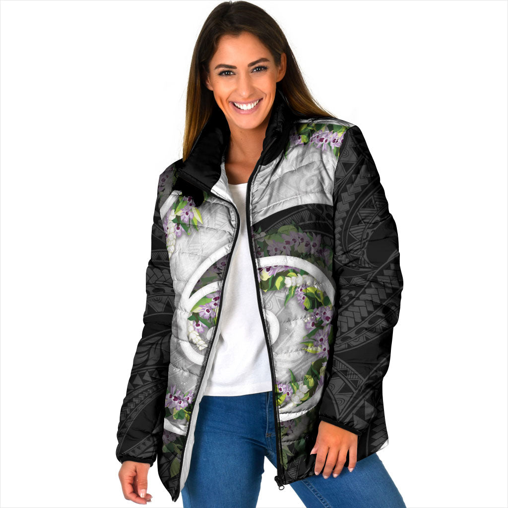 Piko Hawaii Padded Jacket Polynesian Pattern With Maile Pikake Honohono Lei LT05 Women Black - Polynesian Pride