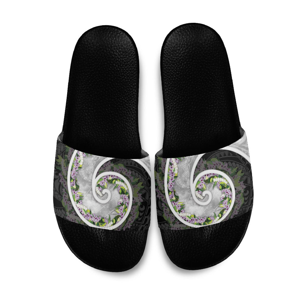 Piko Hawaii Slide Sandals Polynesian Pattern With Maile Pikake Honohono Lei LT05 Black - Polynesian Pride