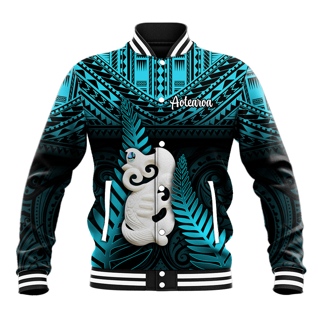 New Zealand Baseball Jacket Manaia Maori Pattern With Turquoise Fern LT05 Unisex Turquoise - Polynesian Pride