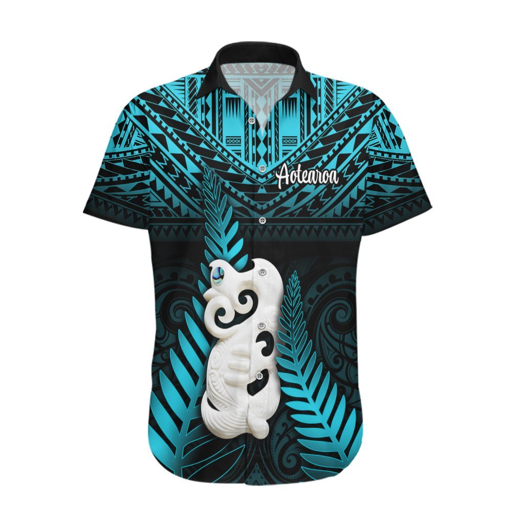 New Zealand Hawaiian Shirt Manaia Maori Pattern With Turquoise Fern LT05 Turquoise - Polynesian Pride
