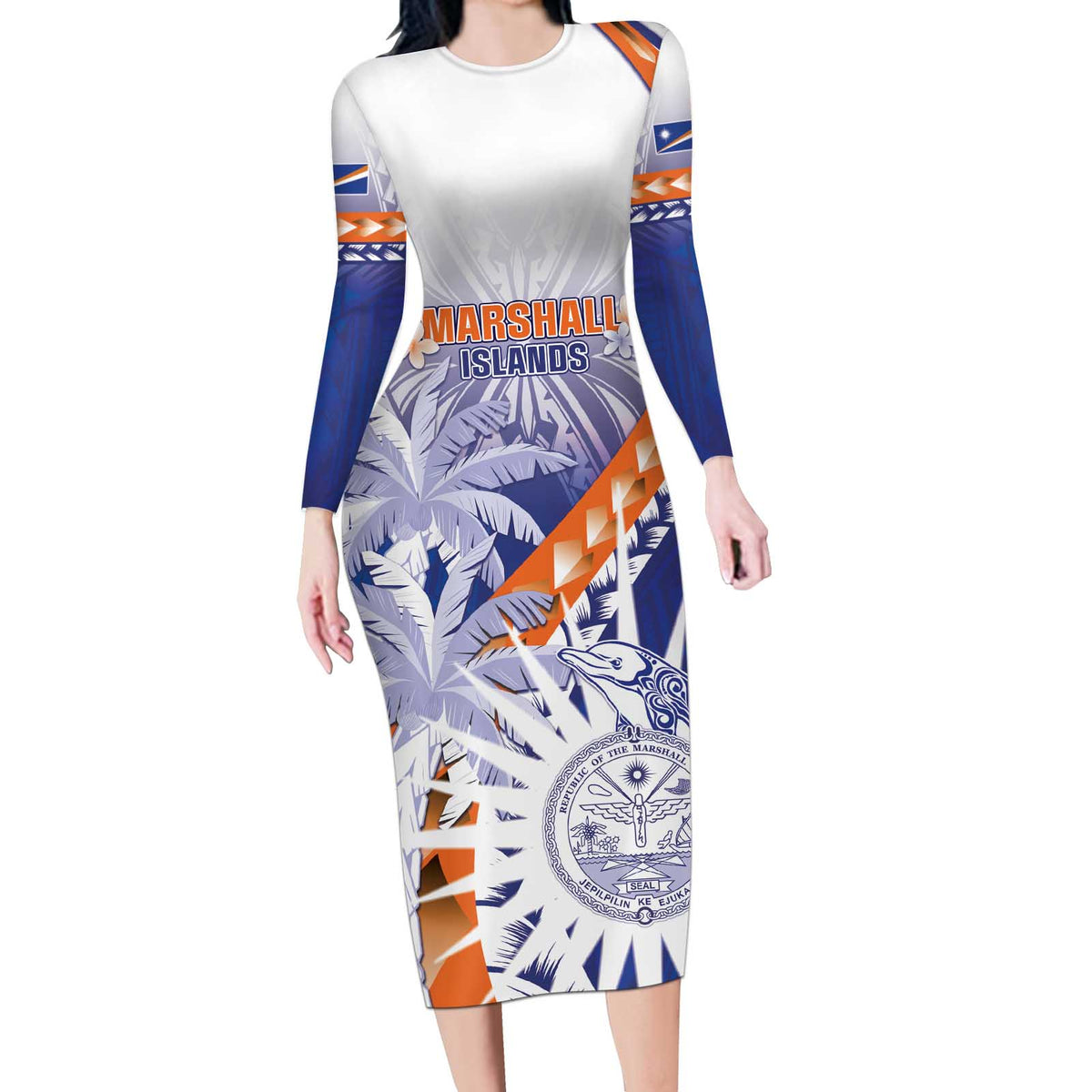 Personalised Marshall Islands Manit Day Long Sleeve Bodycon Dress Polynesian Tribal Tattoo Tropical Style LT05 Long Dress Blue - Polynesian Pride