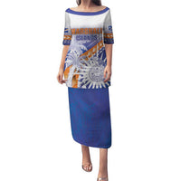 Personalised Marshall Islands Manit Day Puletasi Polynesian Tribal Tattoo Tropical Style LT05 Long Dress Blue - Polynesian Pride