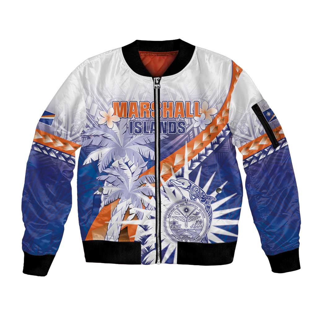 Personalised Marshall Islands Manit Day Sleeve Zip Bomber Jacket Polynesian Tribal Tattoo Tropical Style LT05 Unisex Blue - Polynesian Pride
