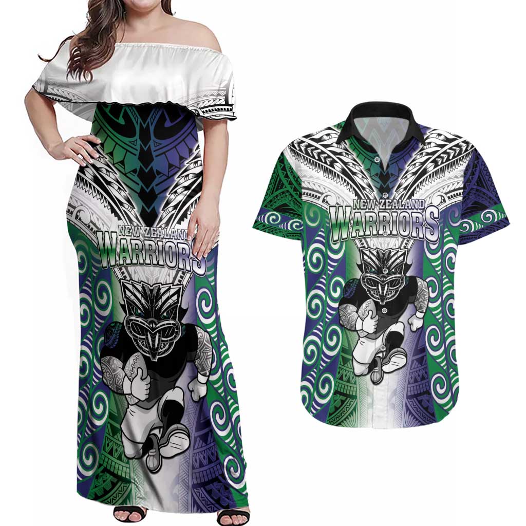 Custom New Zealand Warrior Couples Matching Off Shoulder Maxi Dress and Hawaiian Shirt Maori Tribal Pattern