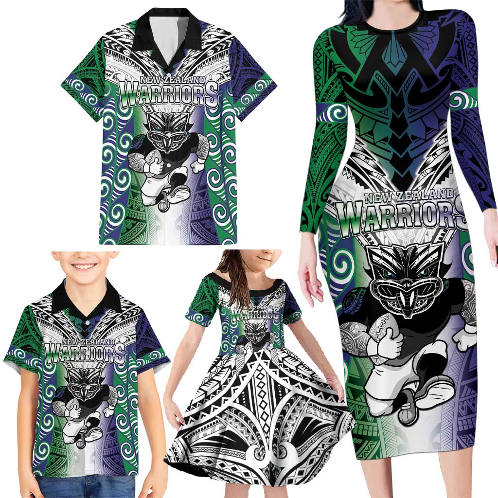 Custom New Zealand Warrior Family Matching Long Sleeve Bodycon Dress and Hawaiian Shirt Maori Tribal Pattern