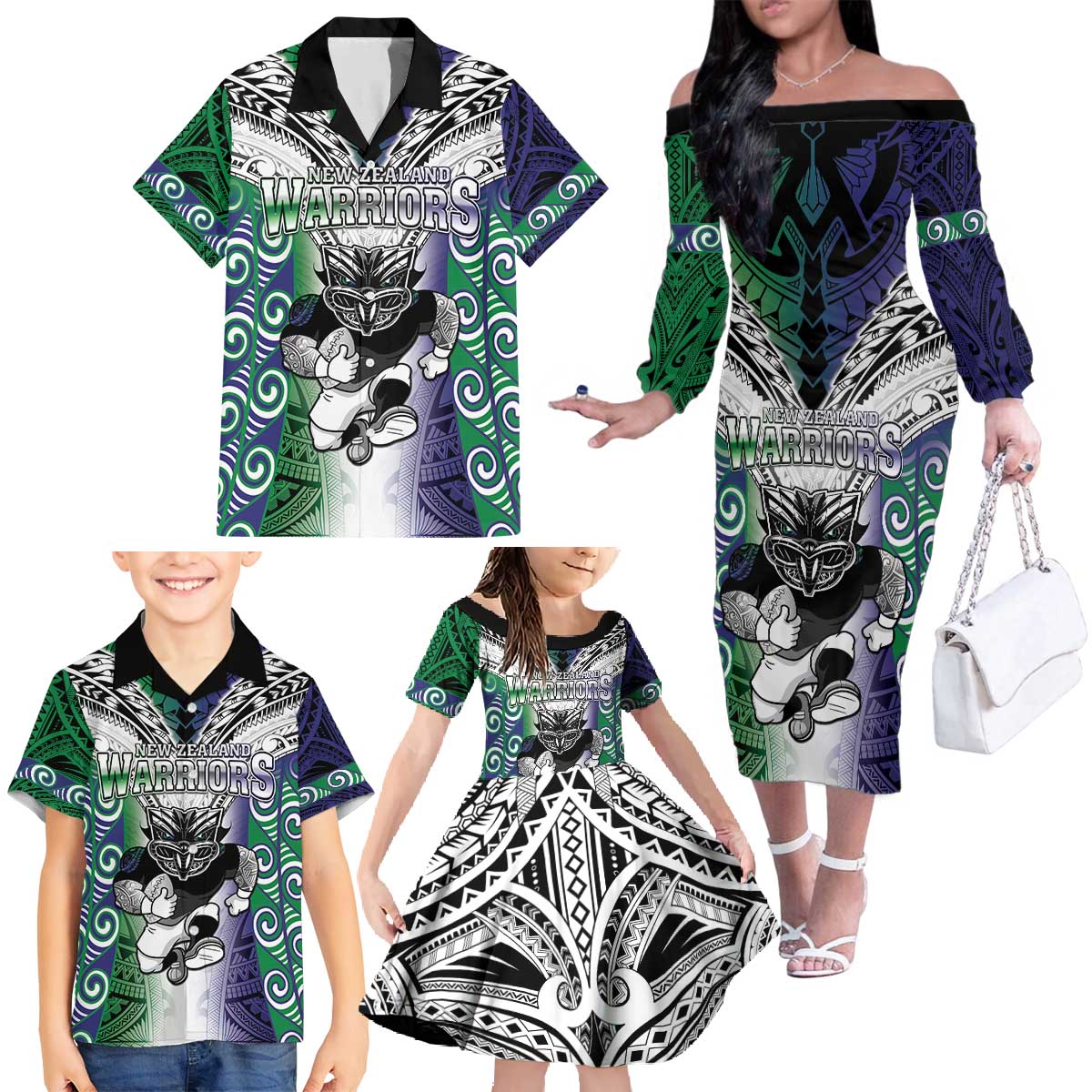 Custom New Zealand Warrior Family Matching Off The Shoulder Long Sleeve Dress and Hawaiian Shirt Maori Tribal Pattern