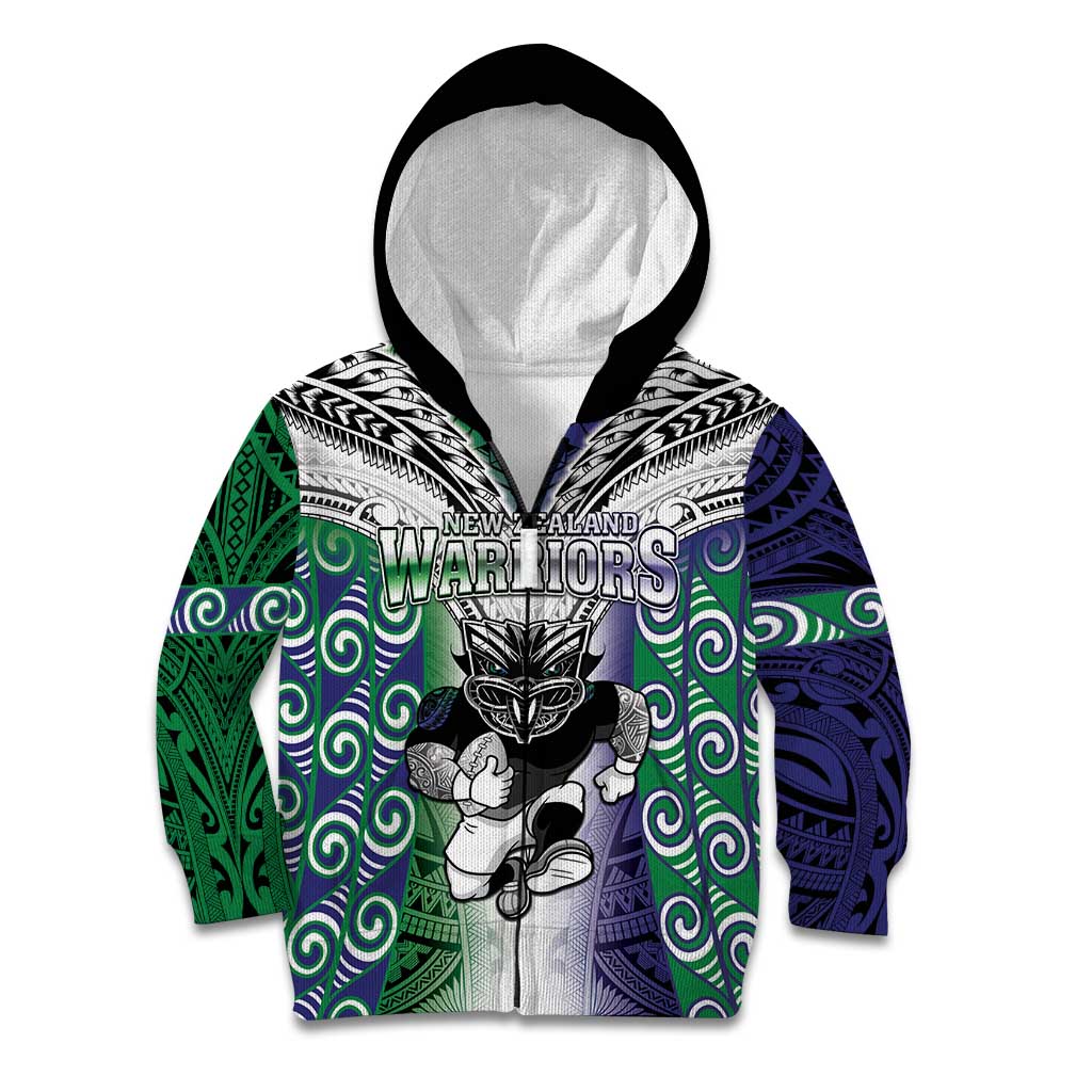 Custom New Zealand Warrior Kid Hoodie Maori Tribal Pattern LT05 Zip Hoodie Green - Polynesian Pride