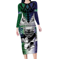 Custom New Zealand Warrior Long Sleeve Bodycon Dress Maori Tribal Pattern LT05 Long Dress Green - Polynesian Pride