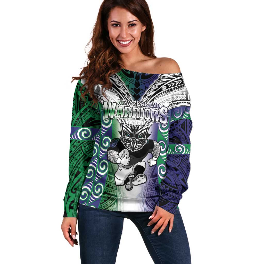 Custom New Zealand Warrior Off Shoulder Sweater Maori Tribal Pattern LT05 Women Green - Polynesian Pride