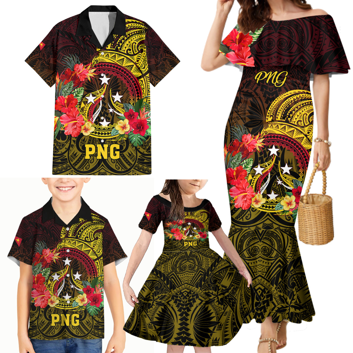 Papua New Guinea Family Matching Mermaid Dress and Hawaiian Shirt Coat Of Arms Tropical Flowers Polynesian Pattern LT05 - Polynesian Pride