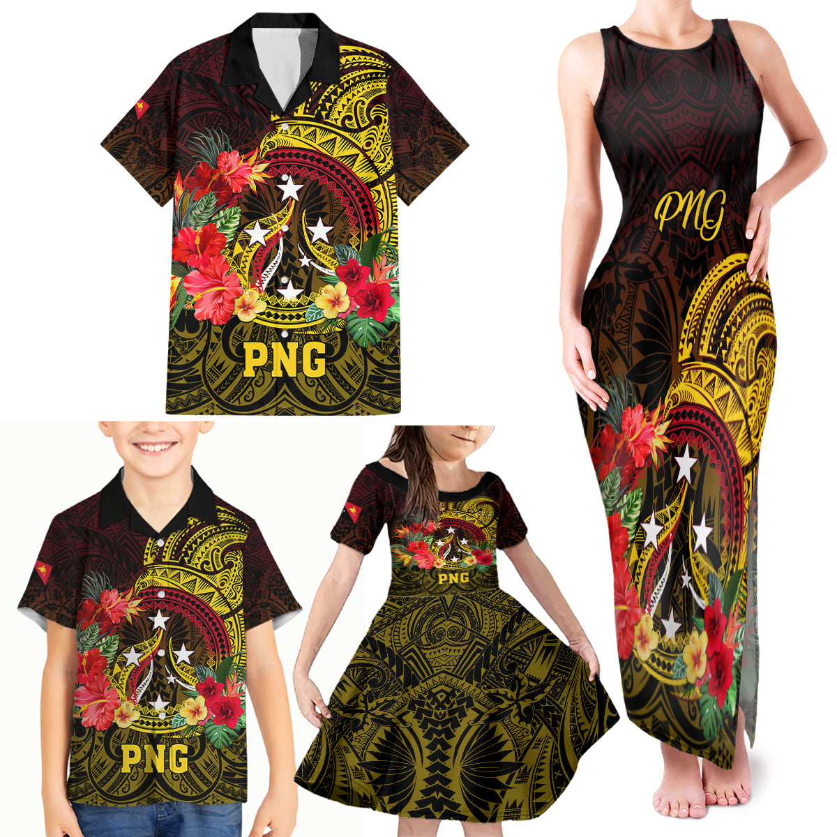 Papua New Guinea Family Matching Tank Maxi Dress and Hawaiian Shirt Coat Of Arms Tropical Flowers Polynesian Pattern LT05 - Polynesian Pride