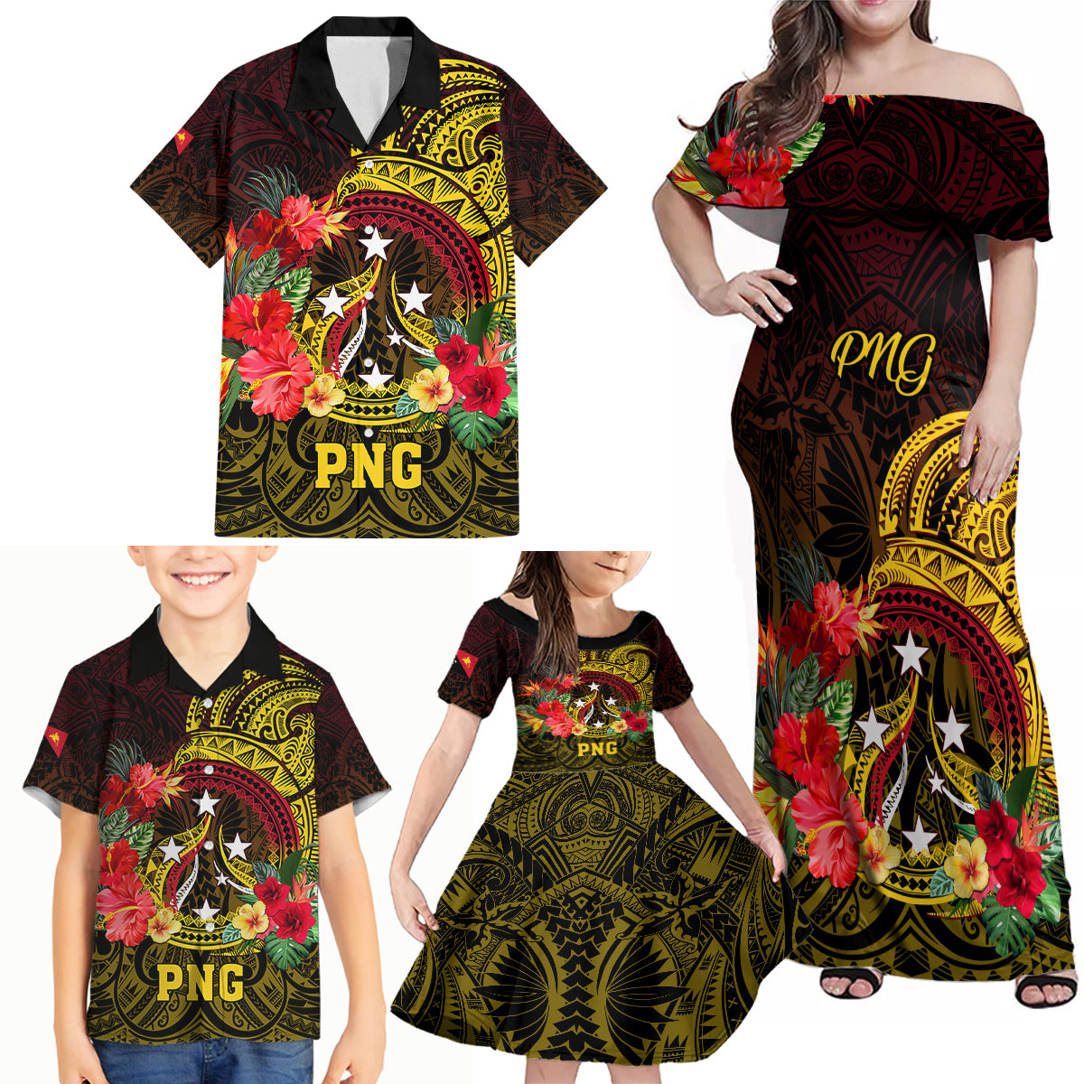 Personalized Papua New Guinea Family Matching Off Shoulder Maxi Dress and Hawaiian Shirt Coat Of Arms Tropical Flowers Polynesian Pattern LT05 - Polynesian Pride