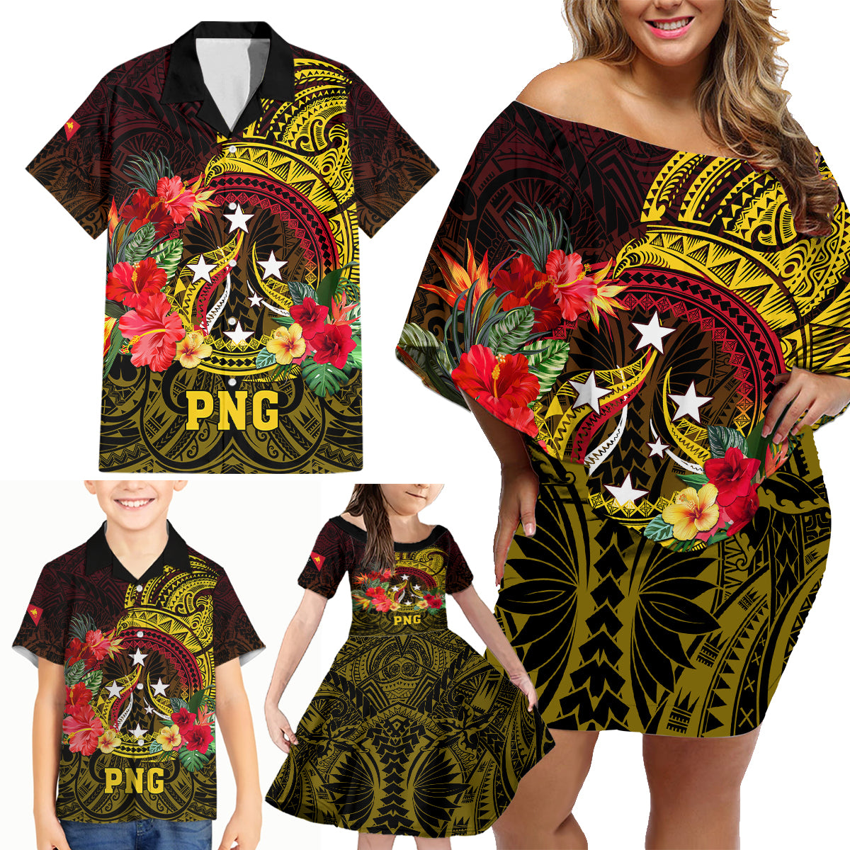 Personalized Papua New Guinea Family Matching Off Shoulder Short Dress and Hawaiian Shirt Coat Of Arms Tropical Flowers Polynesian Pattern LT05 - Polynesian Pride