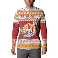French Polynesia Christmas Button Sweatshirt Coat Of Arms Merry Xmas LT05 - Polynesian Pride