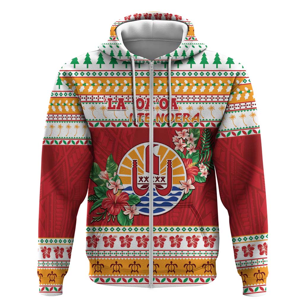 French Polynesia Christmas Hoodie Coat Of Arms Merry Xmas LT05 Zip Hoodie Red - Polynesian Pride