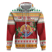 French Polynesia Christmas Hoodie Coat Of Arms Merry Xmas LT05 Zip Hoodie Red - Polynesian Pride
