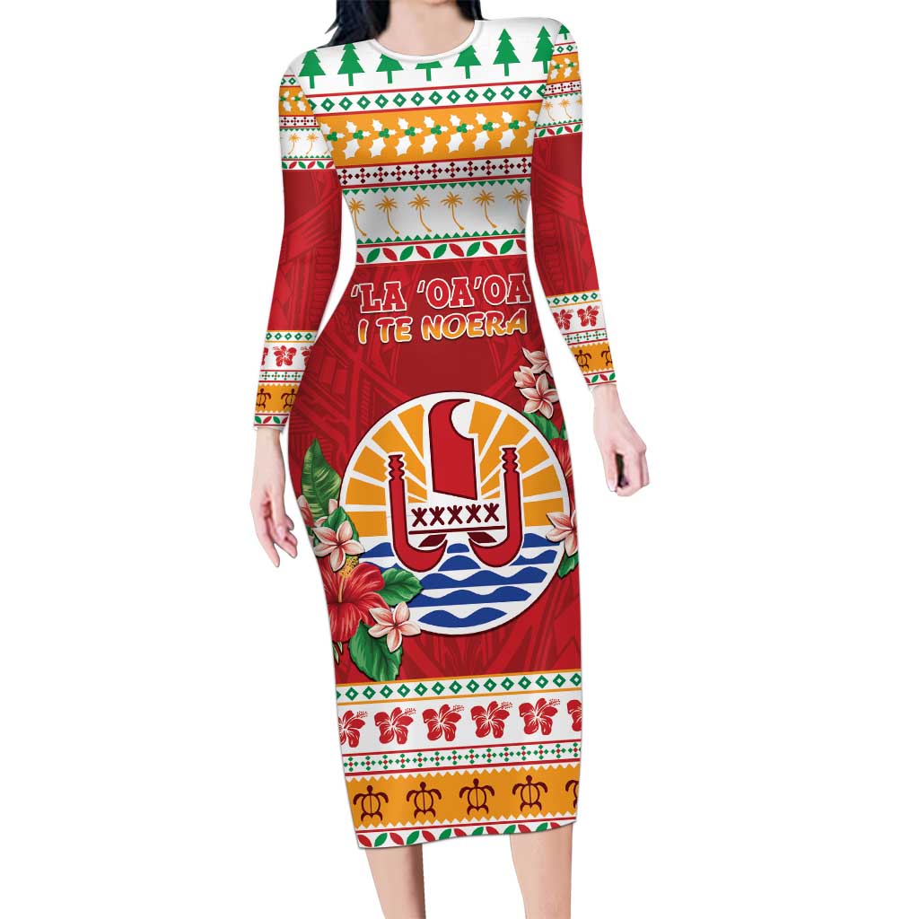 French Polynesia Christmas Long Sleeve Bodycon Dress Coat Of Arms Merry Xmas LT05 Long Dress Red - Polynesian Pride