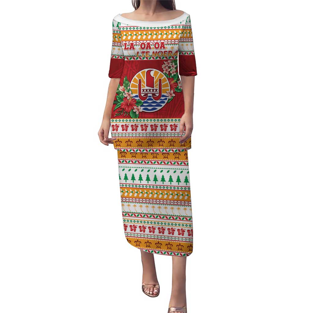 French Polynesia Christmas Puletasi Coat Of Arms Merry Xmas LT05 Long Dress Red - Polynesian Pride