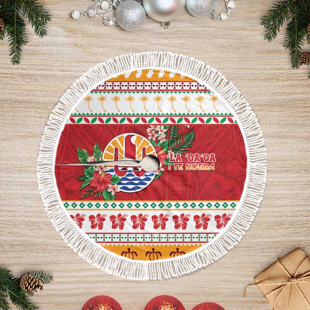 French Polynesia Christmas Tree Skirt Coat Of Arms Merry Xmas LT05 Fringed Red - Polynesian Pride