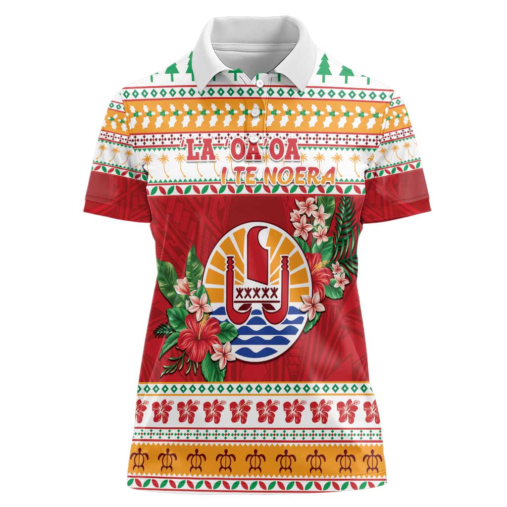French Polynesia Christmas Women Polo Shirt Coat Of Arms Merry Xmas LT05 Female Red - Polynesian Pride