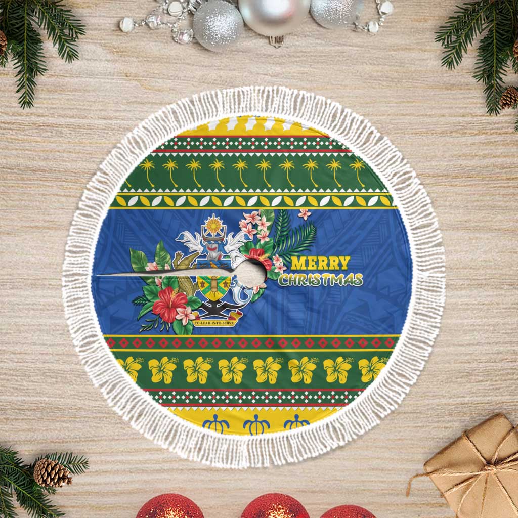 Solomon Islands Christmas Tree Skirt Coat Of Arms Merry Xmas LT05 Fringed Green - Polynesian Pride