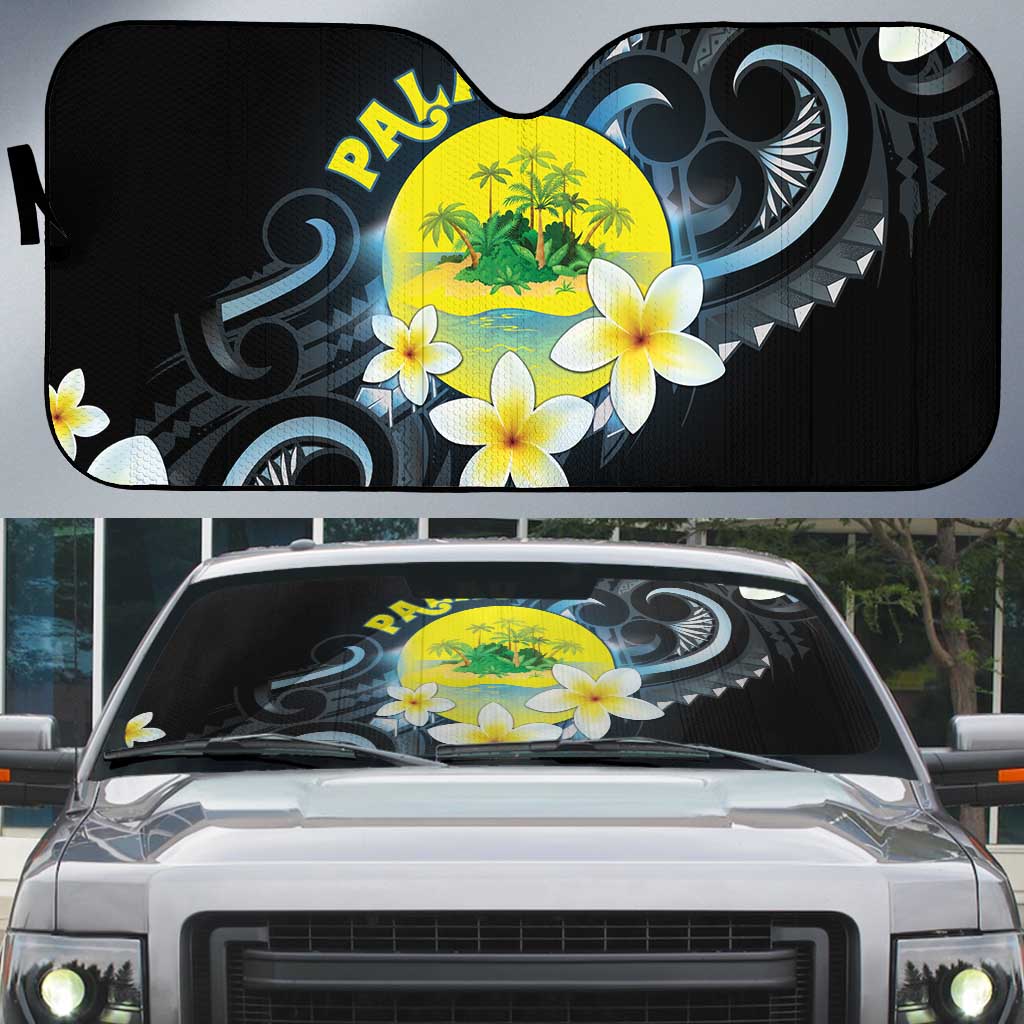 Palau United Nations Day Auto Sun Shade Polynesian Curves Plumeria LT05 Black - Polynesian Pride
