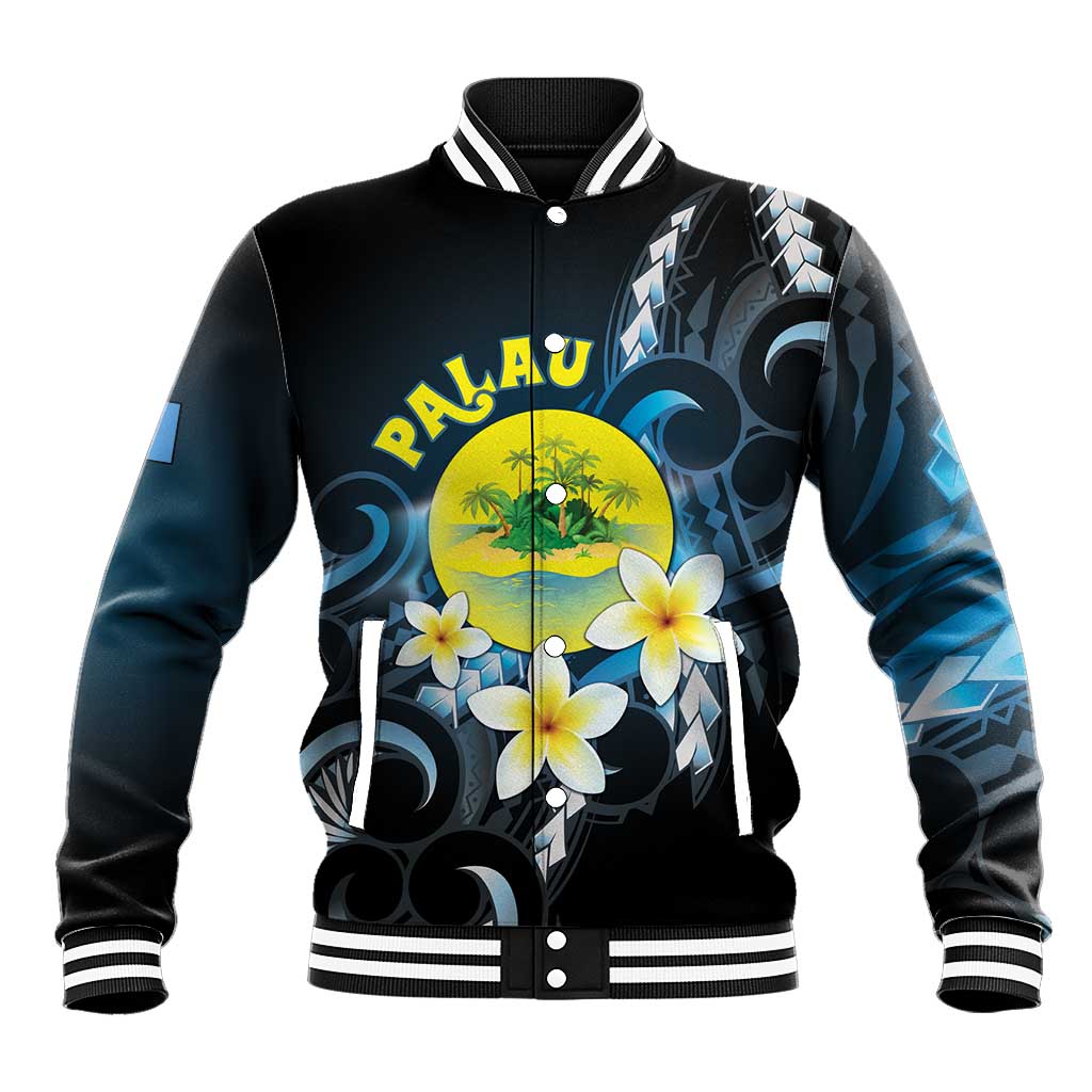 Palau United Nations Day Baseball Jacket Polynesian Curves Plumeria LT05 Unisex Black - Polynesian Pride