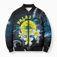 Palau United Nations Day Bomber Puffer Jacket Polynesian Curves Plumeria LT05 Unisex Black - Polynesian Pride