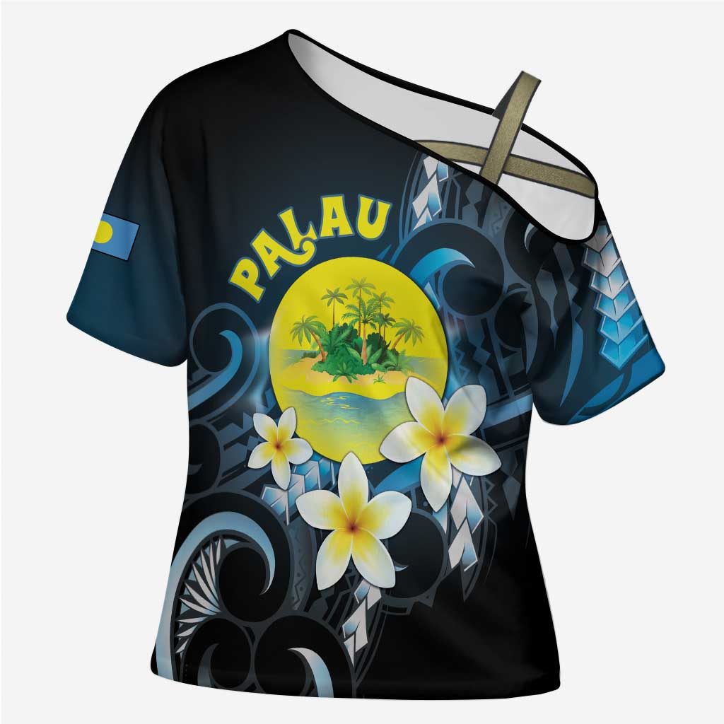 Palau United Nations Day Cross Shoulder Shirt Polynesian Curves Plumeria LT05 Female Black - Polynesian Pride
