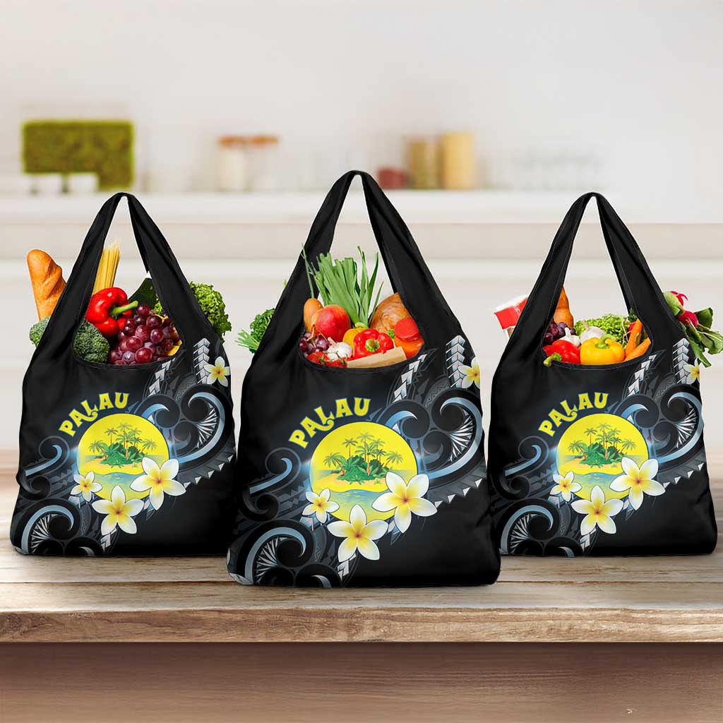 Palau United Nations Day Grocery Bag Polynesian Curves Plumeria LT05 3-pack One Size Black - Polynesian Pride