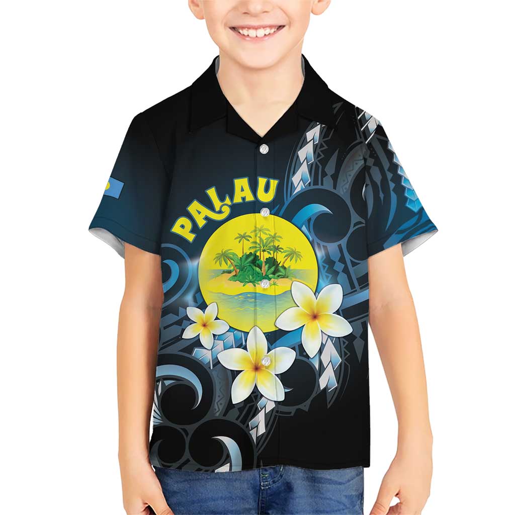 Palau United Nations Day Kid Hawaiian Shirt Polynesian Curves Plumeria LT05 Kid Black - Polynesian Pride