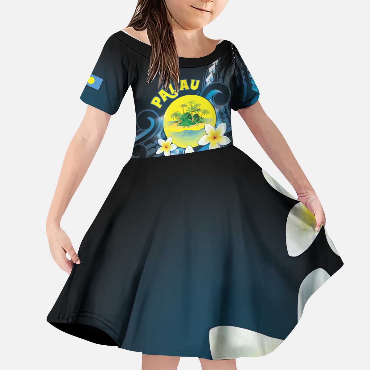 Palau United Nations Day Kid Short Sleeve Dress Polynesian Curves Plumeria LT05 KID Black - Polynesian Pride