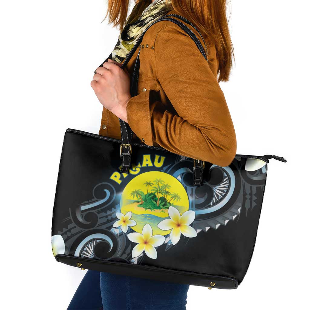 Palau United Nations Day Leather Tote Bag Polynesian Curves Plumeria LT05 Black - Polynesian Pride