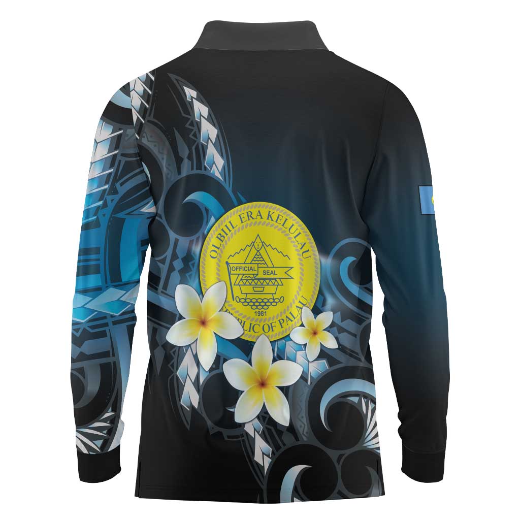 Palau United Nations Day Long Sleeve Polo Shirt Polynesian Curves Plumeria LT05 - Polynesian Pride