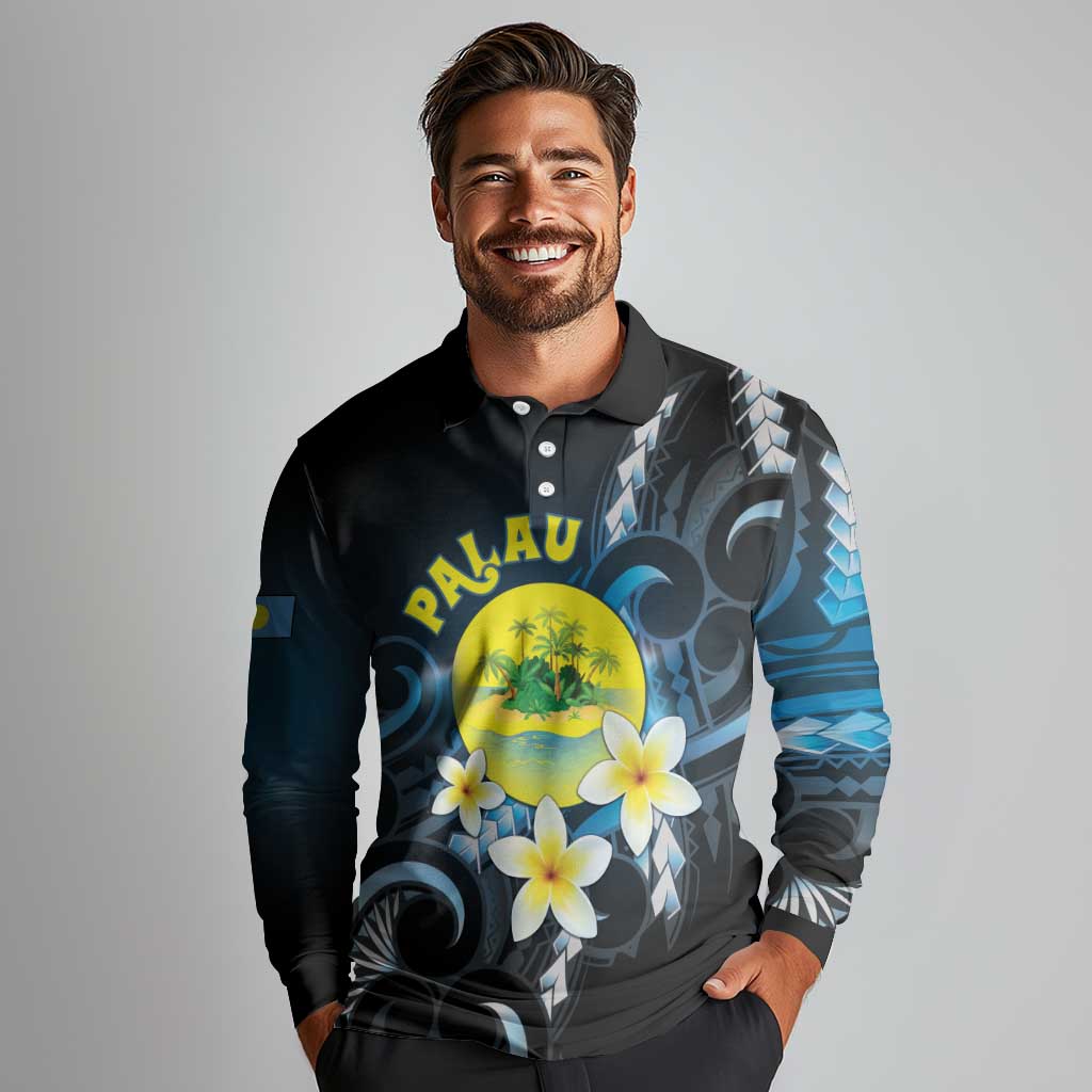 Palau United Nations Day Long Sleeve Polo Shirt Polynesian Curves Plumeria LT05 - Polynesian Pride