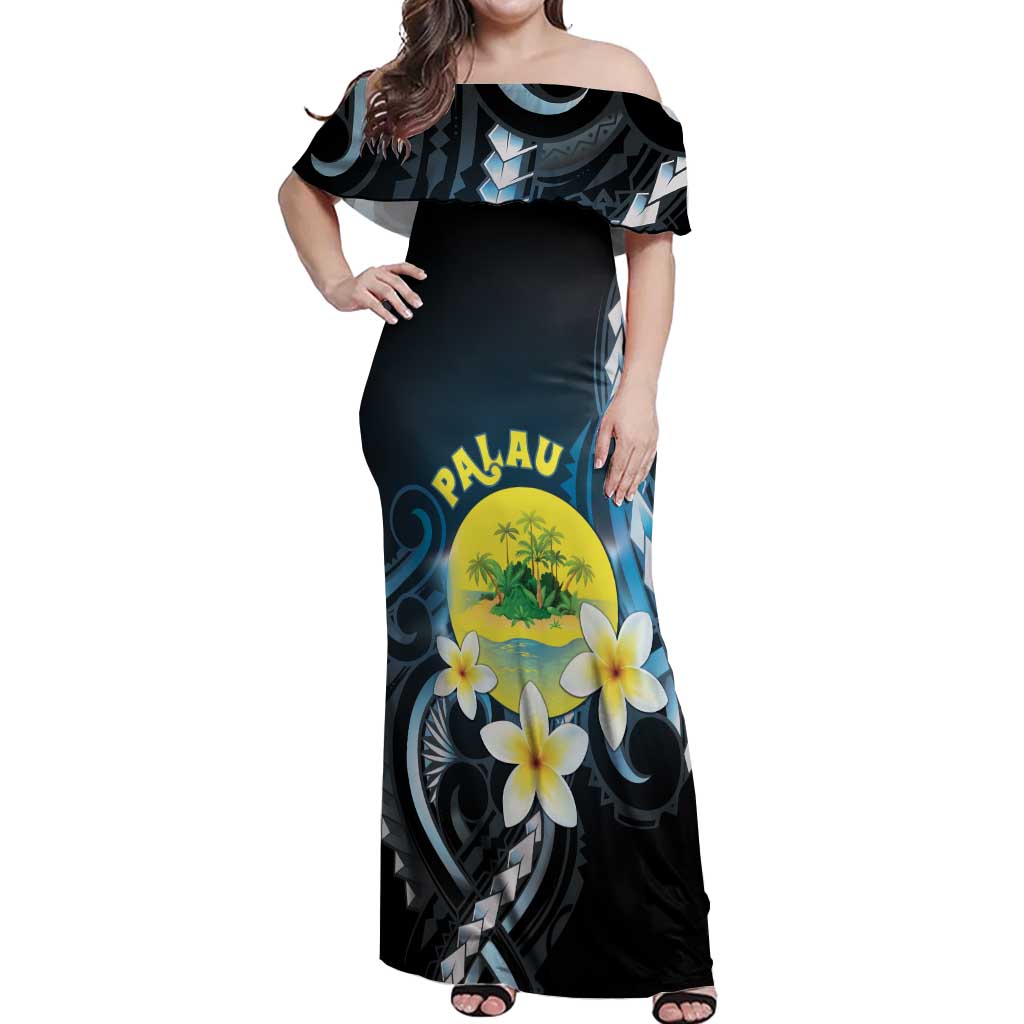 Palau United Nations Day Off Shoulder Maxi Dress Polynesian Curves Plumeria LT05 Women Black - Polynesian Pride