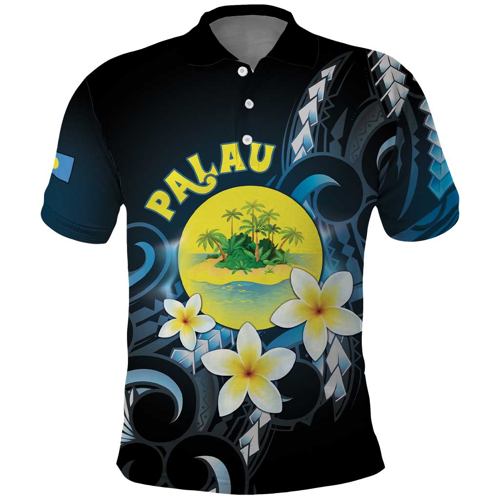 Palau United Nations Day Polo Shirt Polynesian Curves Plumeria LT05 Black - Polynesian Pride