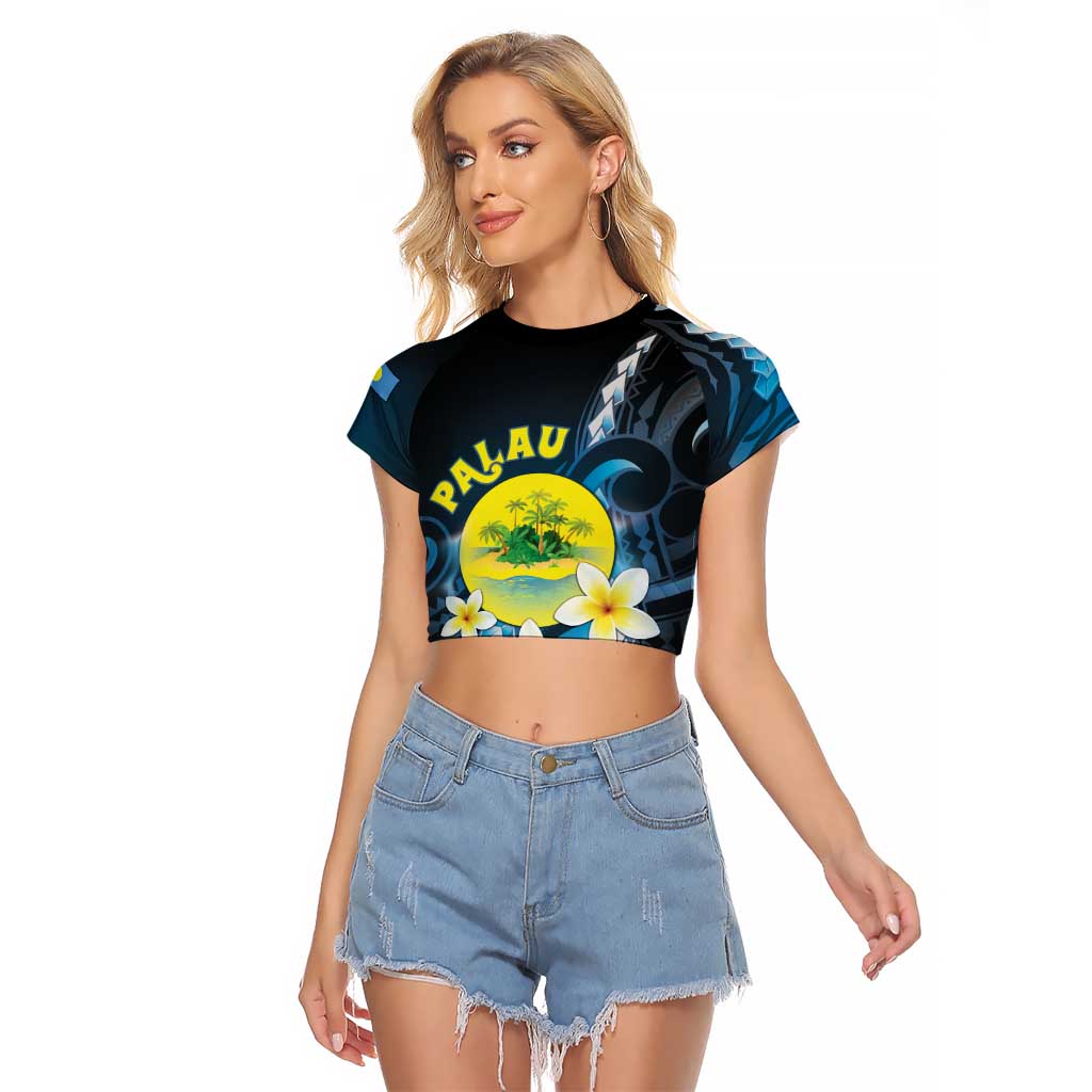 Palau United Nations Day Raglan Cropped T Shirt Polynesian Curves Plumeria LT05 Female Black - Polynesian Pride