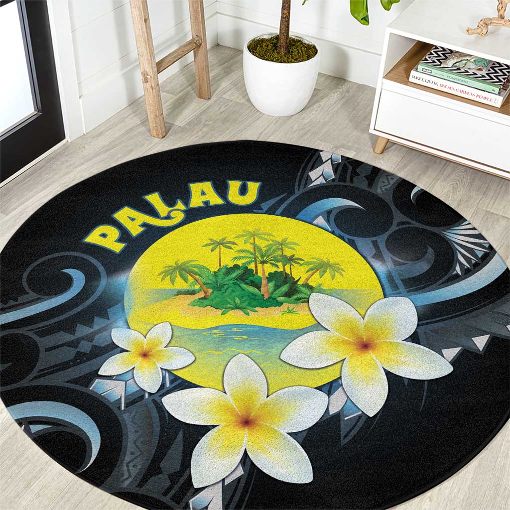 Palau United Nations Day Round Carpet Polynesian Curves Plumeria LT05 Black - Polynesian Pride