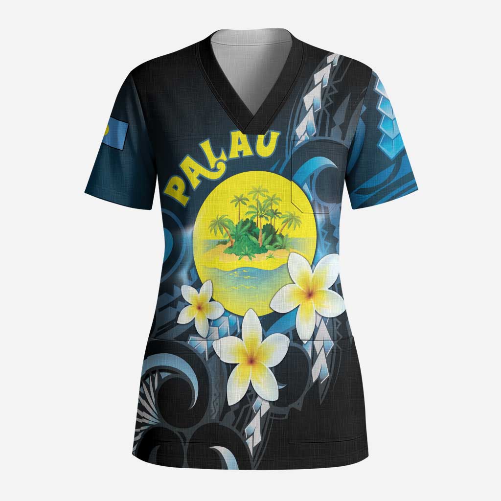 Palau United Nations Day Scrub Top Polynesian Curves Plumeria LT05 Adult Black - Polynesian Pride